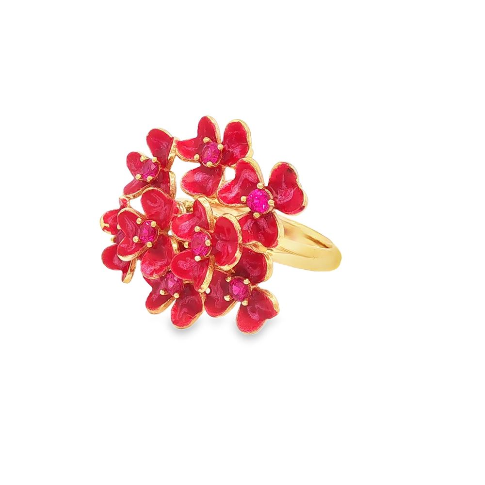 clover gold fucsia stones red glazed ring