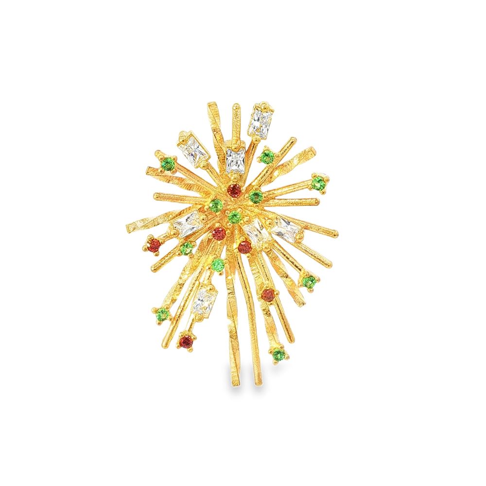 firework gold crystal orange green stones brooch