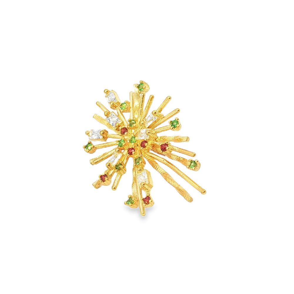 firework gold crystal orange green stones brooch