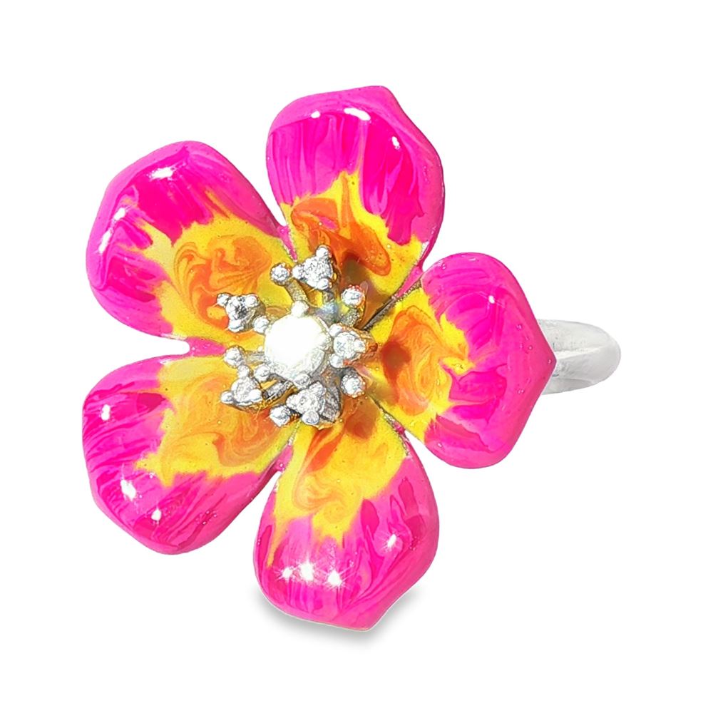plumeria crystal stones pink&yellow glazed ring