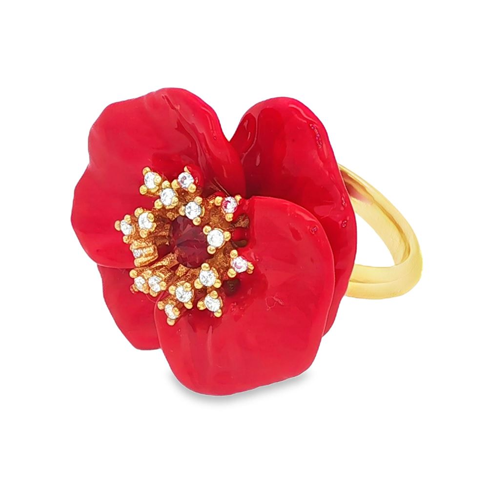 blossom gold crystal&red stones red glazed ring