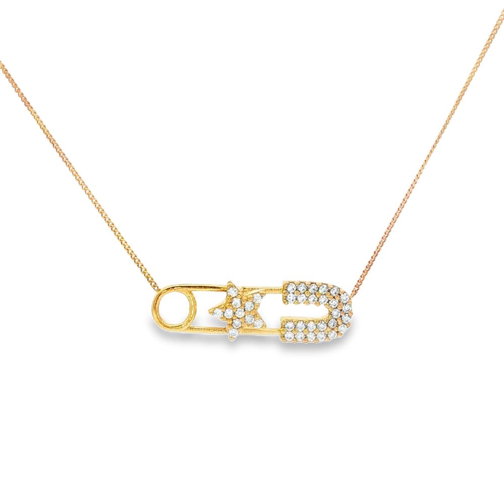 starlike gold crystal safety pin central star necklace