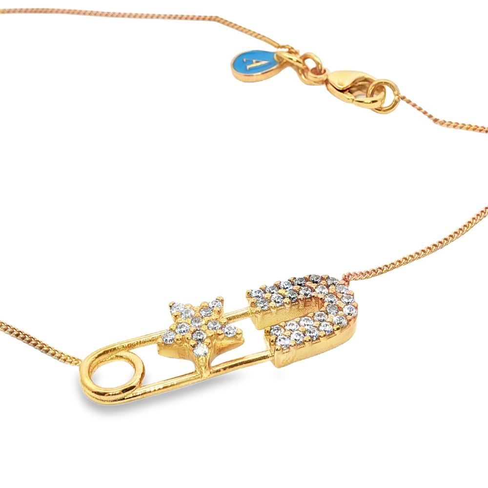 starlike gold crystal safety pin central star necklace