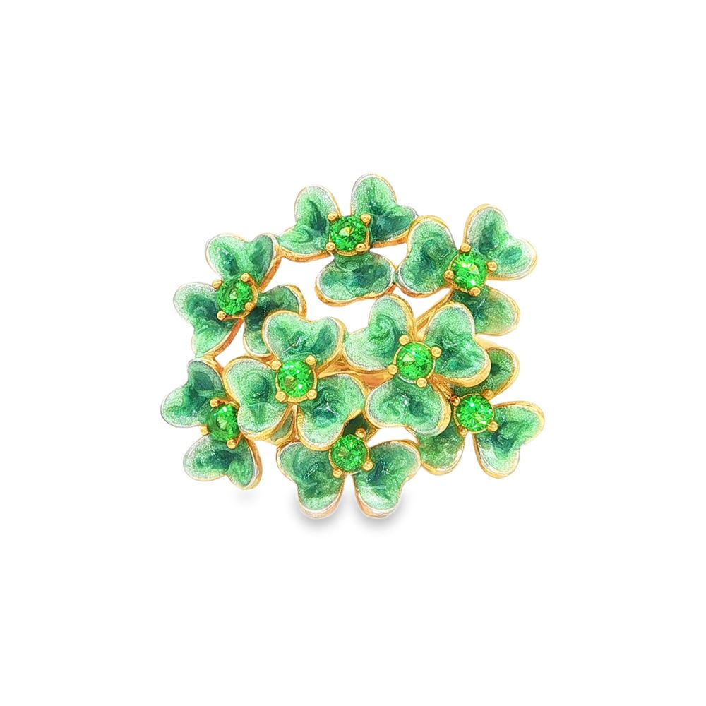 CLOVER GOLD GREEN STONES PEARLY GREEN GLAZED RING
