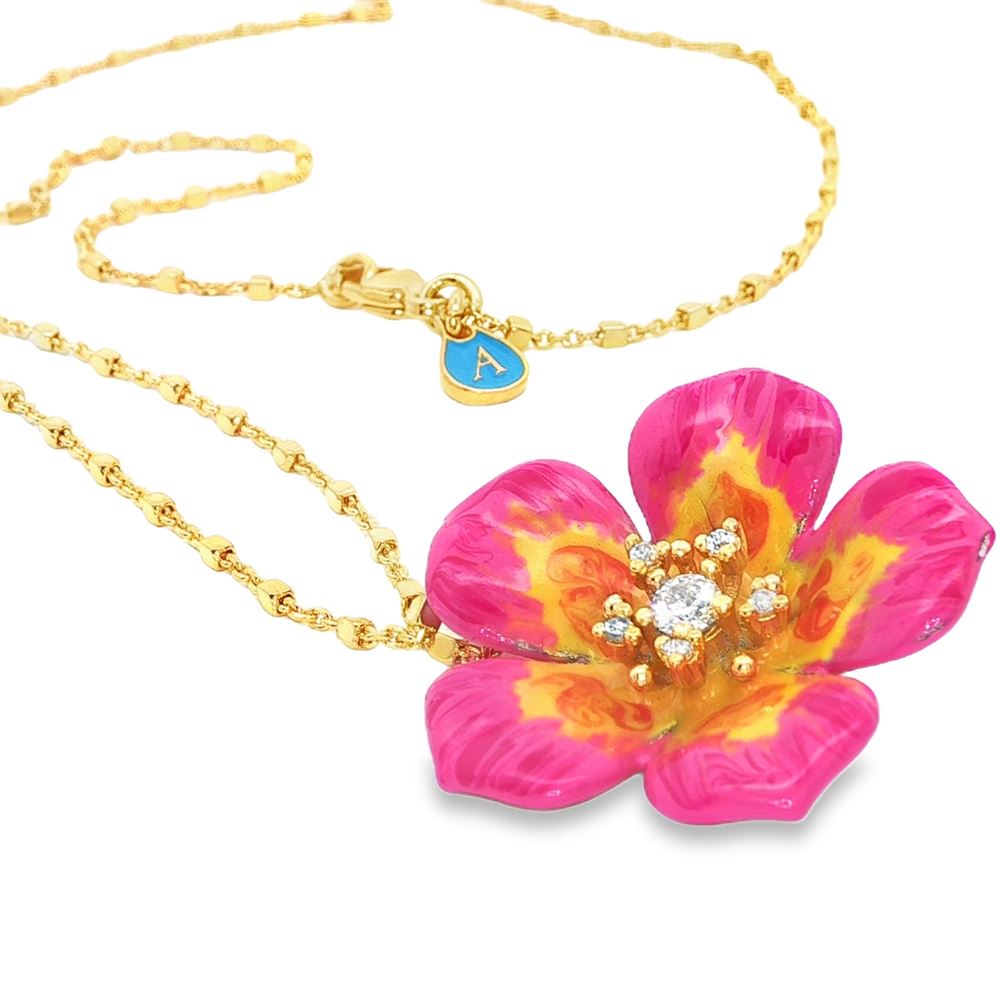PLUMERIA GOLD CRYSTAL STONES PINK&YELLOW GLAZED NECKLACE