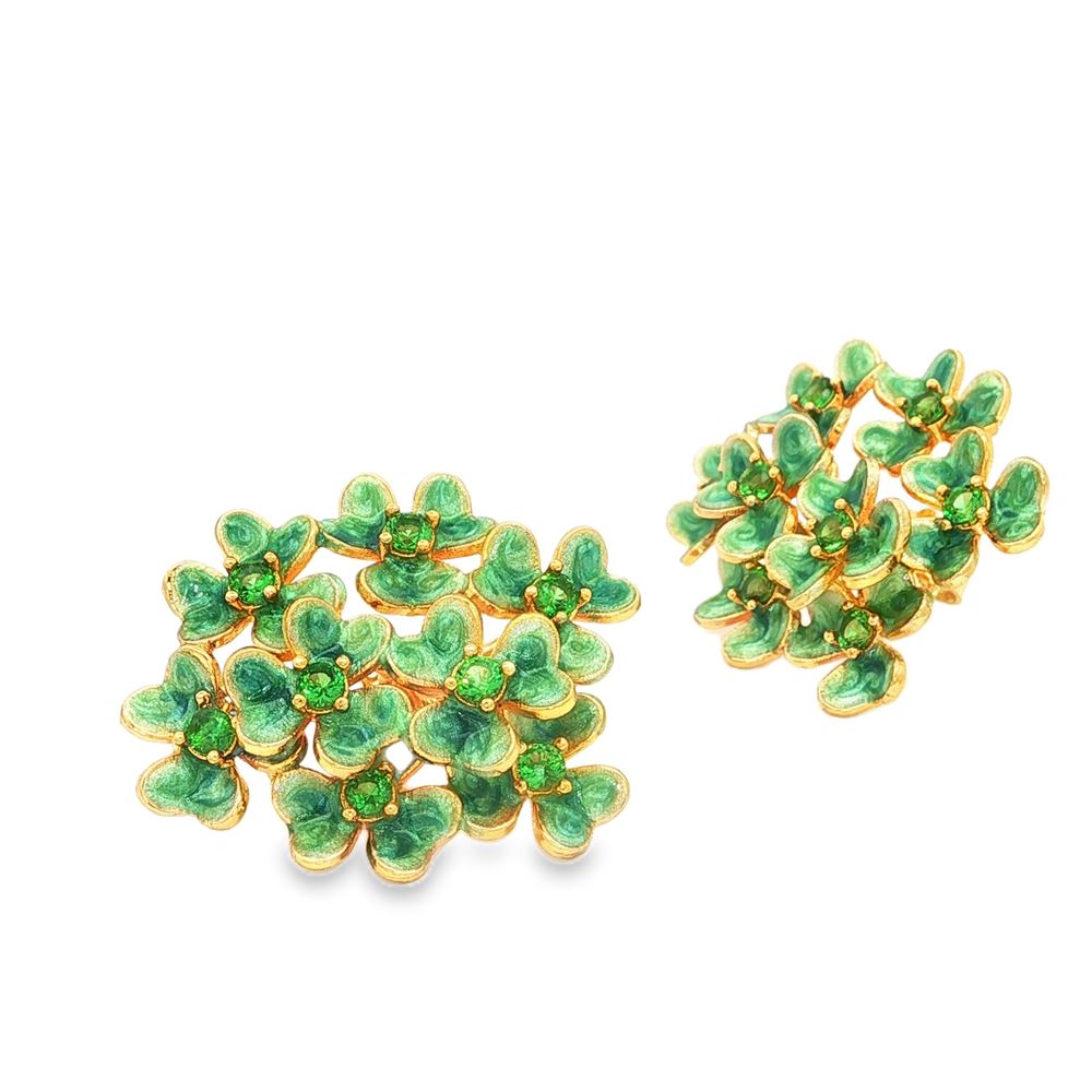 CLOVER GOLD GREEN STONES GREEN GLAZED EARRINGS