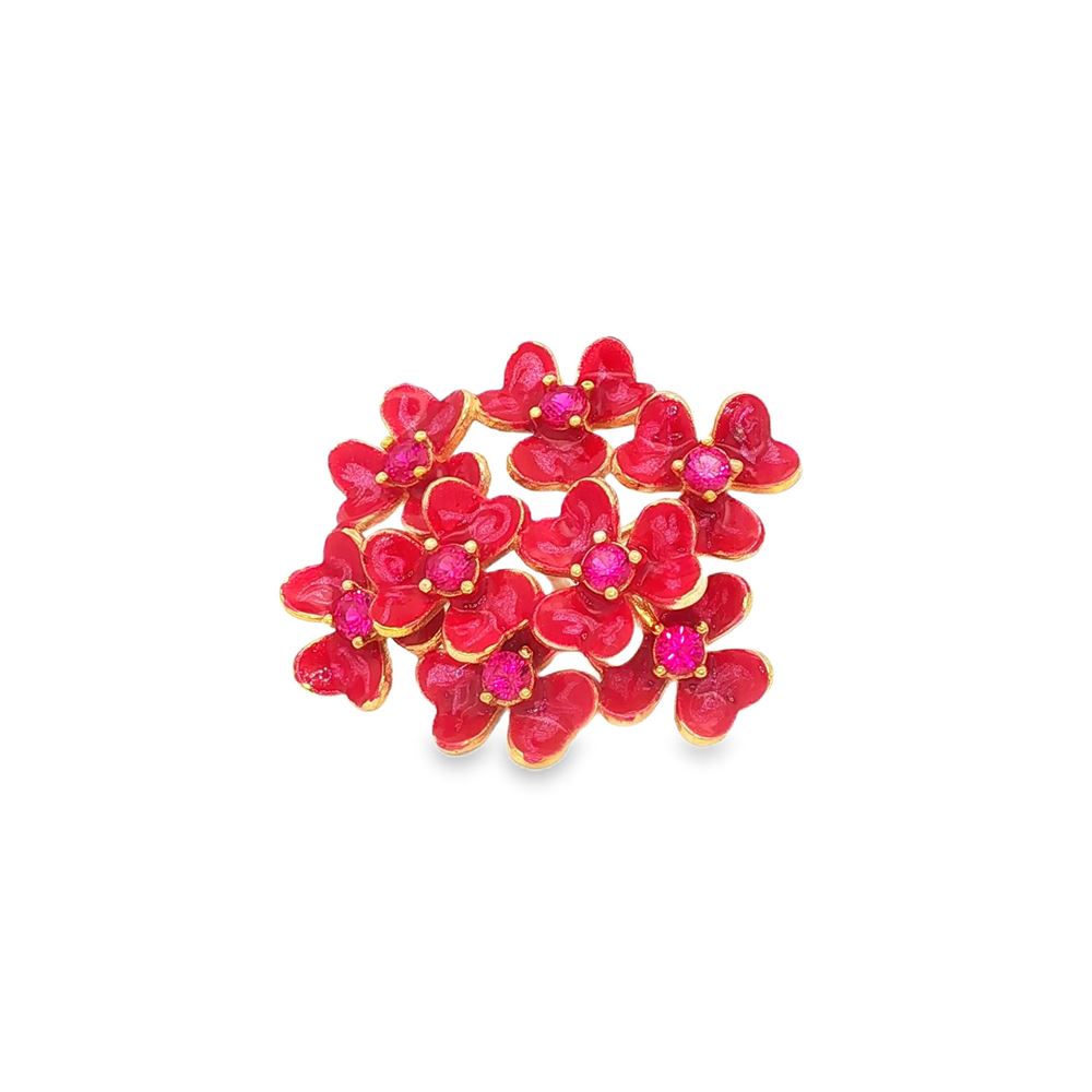 CLOVER GOLD FUCSIA STONES RED GLAZED BROOCH