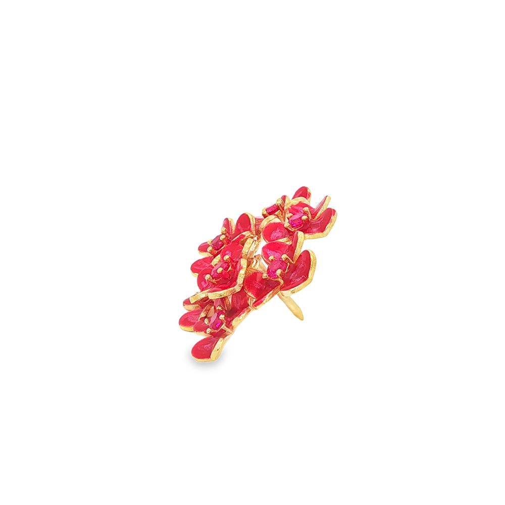 CLOVER GOLD FUCSIA STONES RED GLAZED BROOCH
