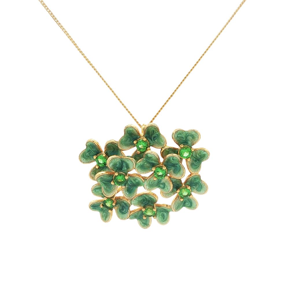 CLOVER GOLD GREEN STONES PEARLY GREEN GLAZED NECKLACE