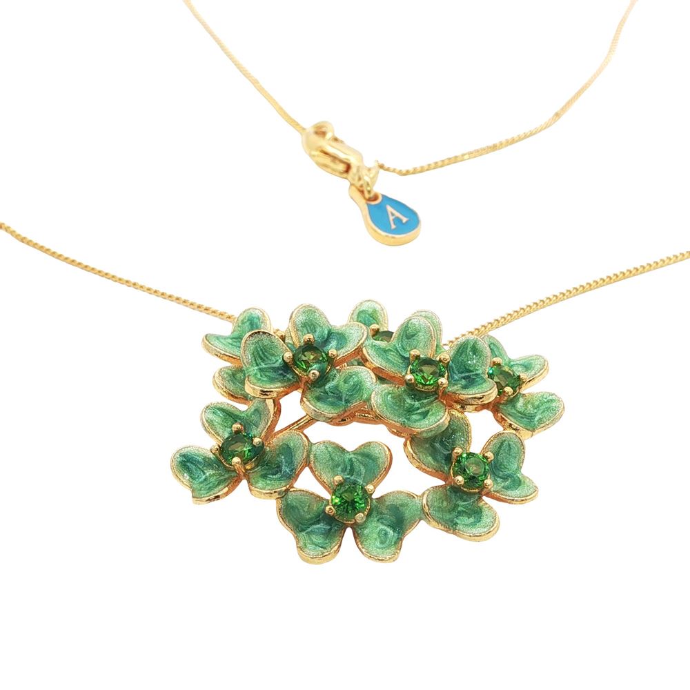 CLOVER GOLD GREEN STONES PEARLY GREEN GLAZED NECKLACE