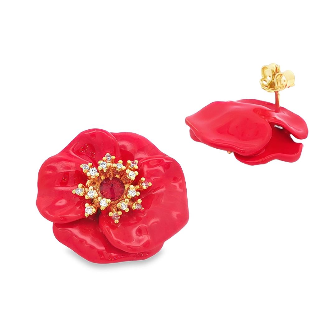 BLOSSOM GOLD CRYSTAL&RED STONES RED GLAZED EARRINGS