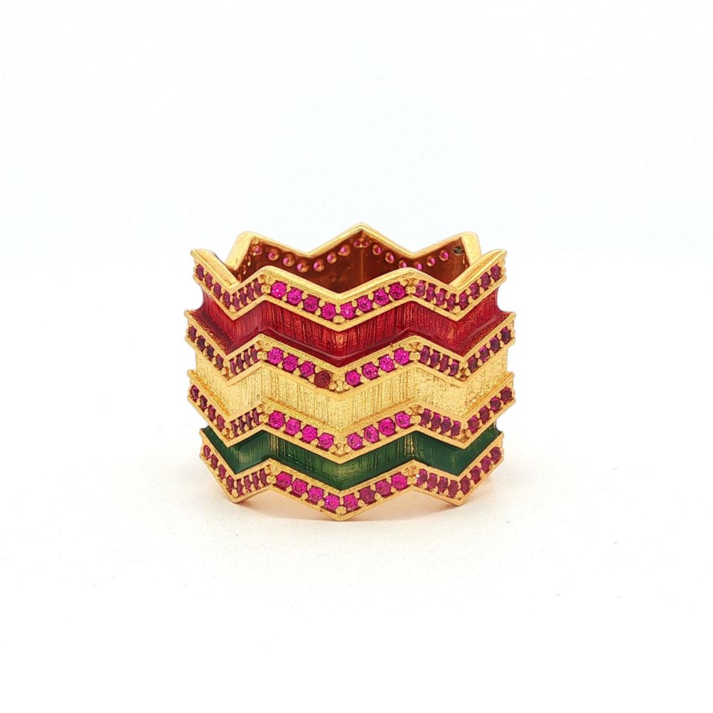 KALEDO GOLD RUBY STONES GREEN&RED GLAZED RING