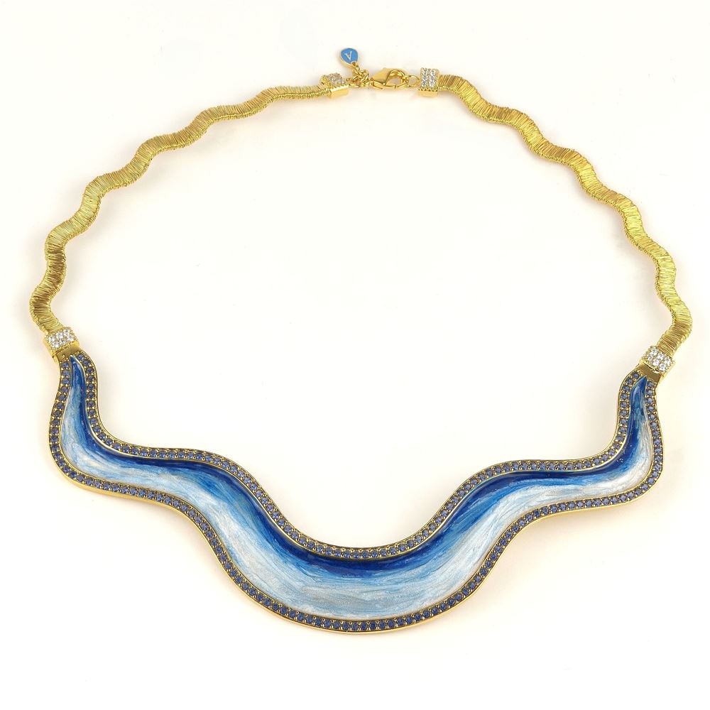 WAVE GOLD BLUE STONES BLUE GLAZED NECKLACE