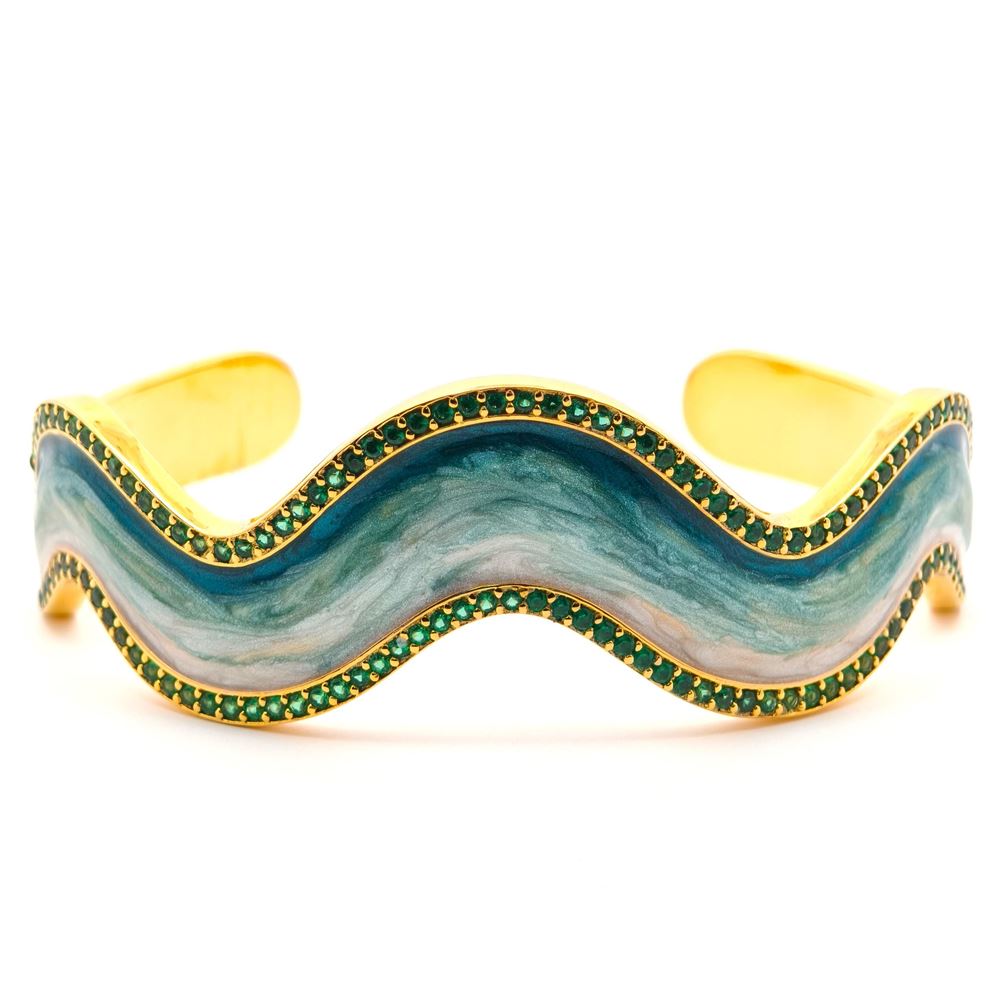 WAVE GOLD GREEN STONES GREEN GLAZED BRACELET