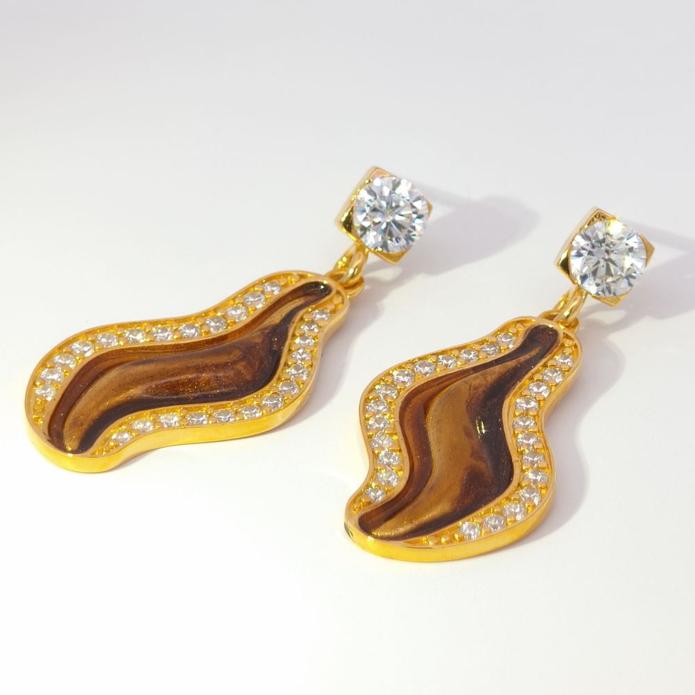 WAVE GOLD CRYSTAL STONES BROWN GLAZED EARRING
