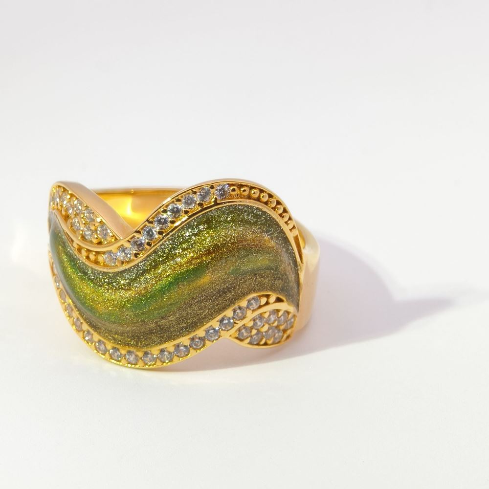 WAVE GOLD CRYSTAL STONES AUTUMN GREEN GLAZED RING