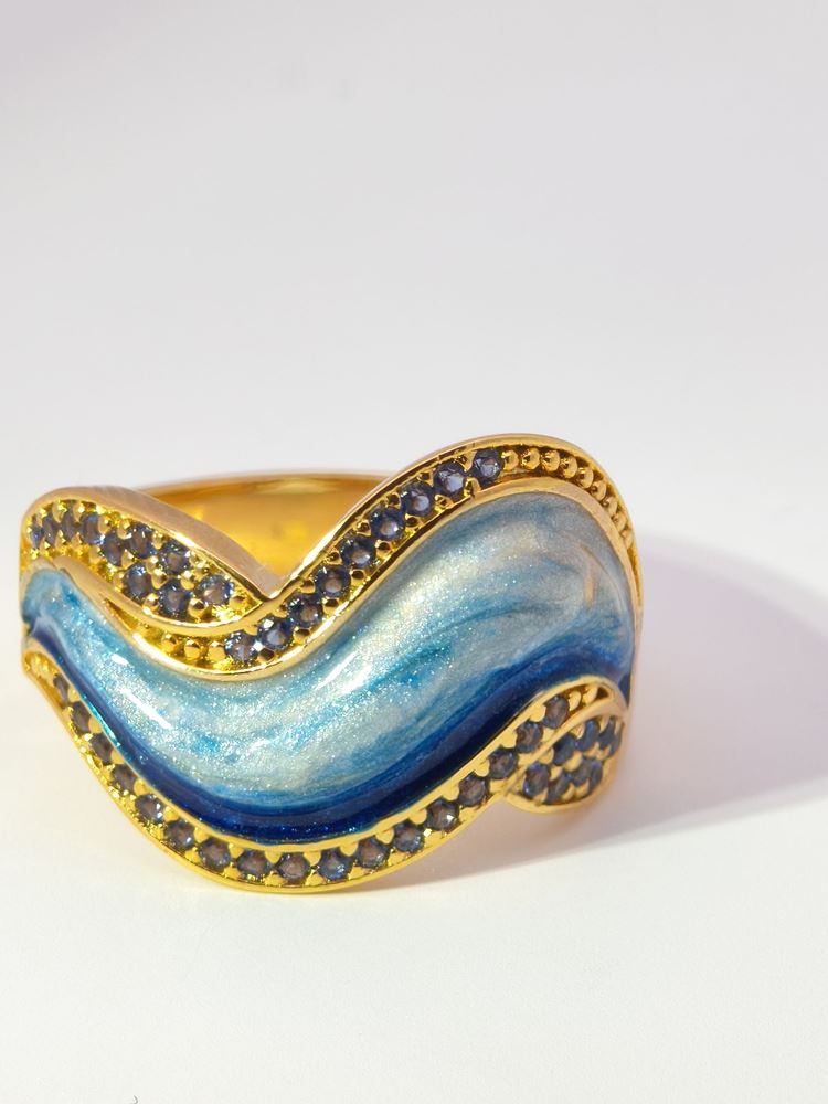 WAVE GOLD BLUE STONES BLUE GLAZED RING