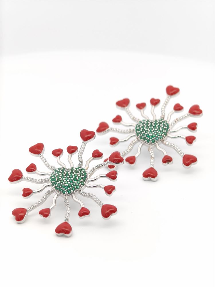 DALì RODHIUM GREEN STONES RED GLAZED EARRINGS