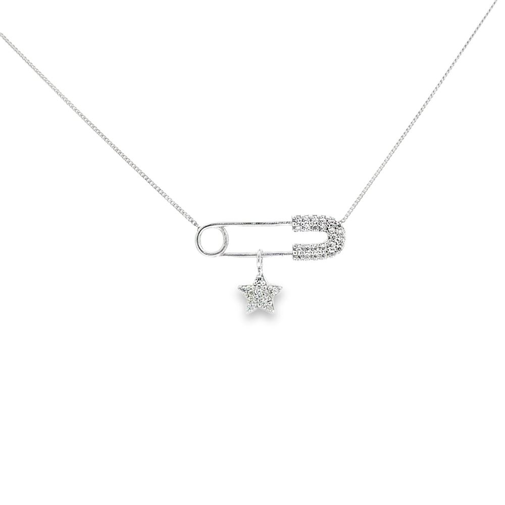 STARLIKE CRYSTAL SAFETY PIN LEADING STAR NECKLACE